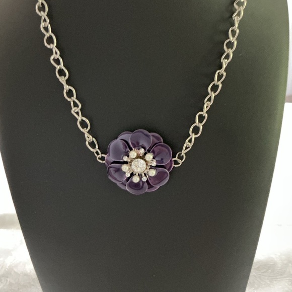 Purple Enamel Flower Silver Tone Pendant Necklace - Picture 2 of 3